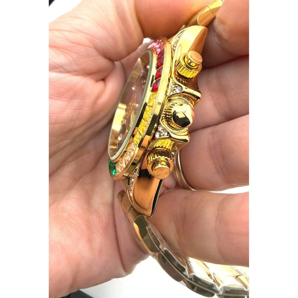 Veadons 1985 Gold Rainbow Crystal Bezel Chronograph Watch Black Dial New